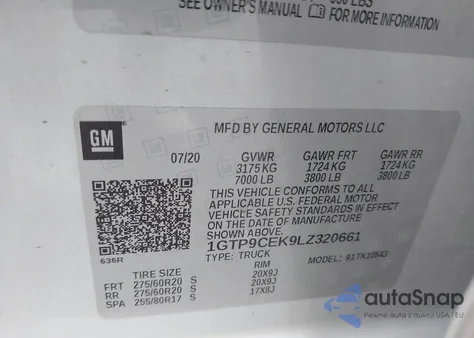 2020 GMC Sierra 1500 4Wd Short Box Elevation z USA, uszkodzony, nr VIN 1GTP9CEK9LZ320661